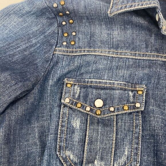 Harley Davidson Womens S Pearl Snap Close Studded  Denim Jean Shirt Roll Tab  Bl - Picture 7 of 12